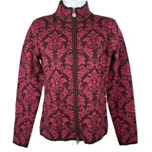Neve Designs Full 2-Way Zip 100% Wool Sweater Nordic Brown/Pink Print Size Small